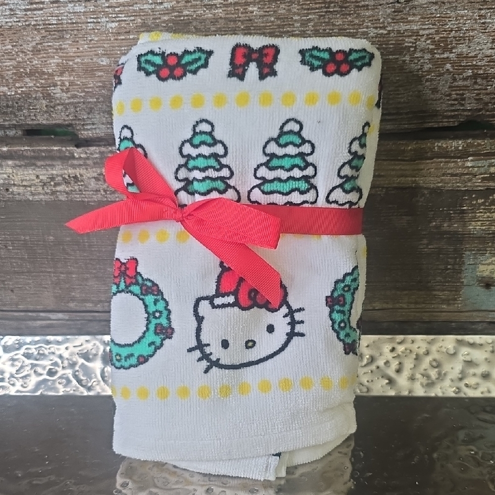 Hello Kitty White Kitchen Towel with Red Bow & Green Accents, NEW